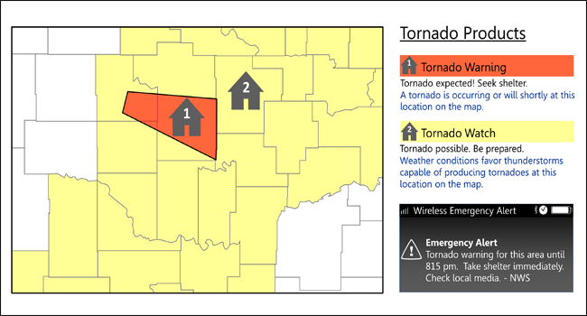 Tornado map with orange depicting warning and yellow depicting watch