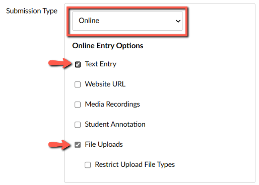 Screenshot showing Canvas new assignment submission type, highlighting online submissions with text entry or file upload options.