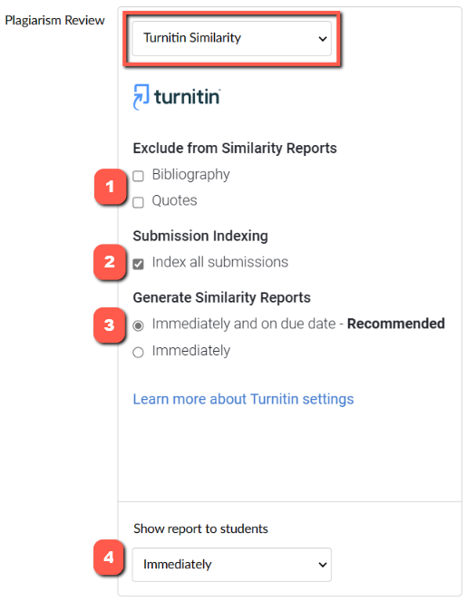 Screenshot showing Canvas Plagiarism review selection highlighting Turnitin and options.