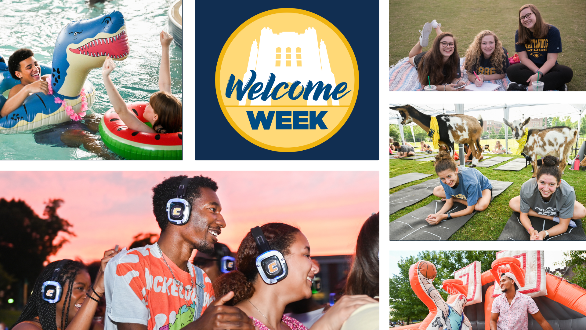 photo collage of students participating in welcome week events like a pool party, goat yoga, inflatable basketball, headphone disco, and outdoor movie night