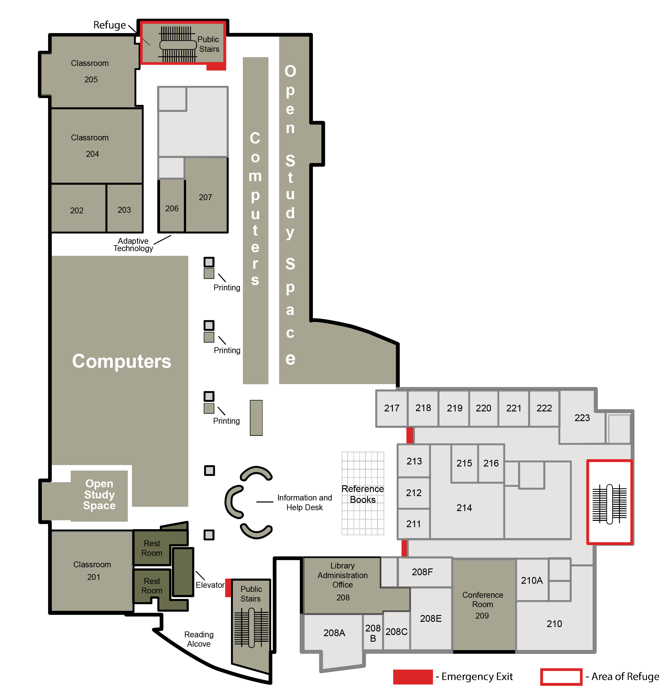 A map of the second floor of the library