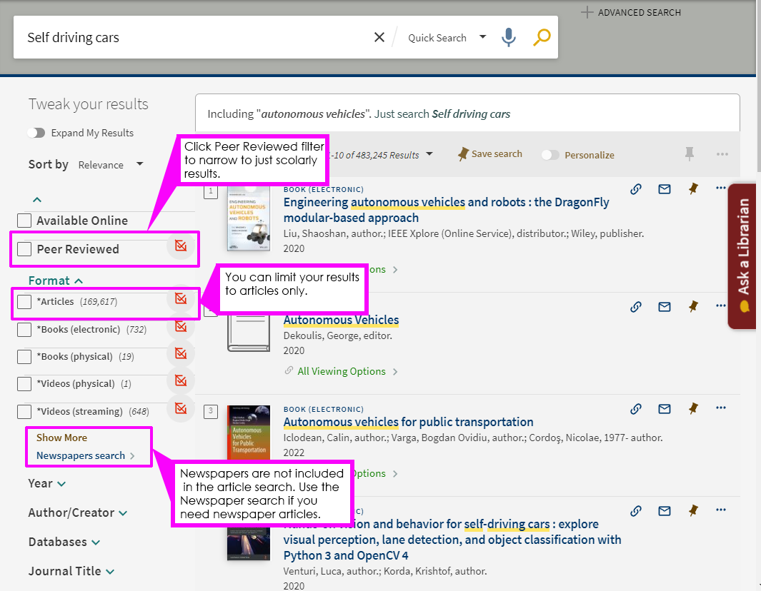 Screenshot of Quick Search results featuring Article format filter, peer reviewed filter, and newspaper filter