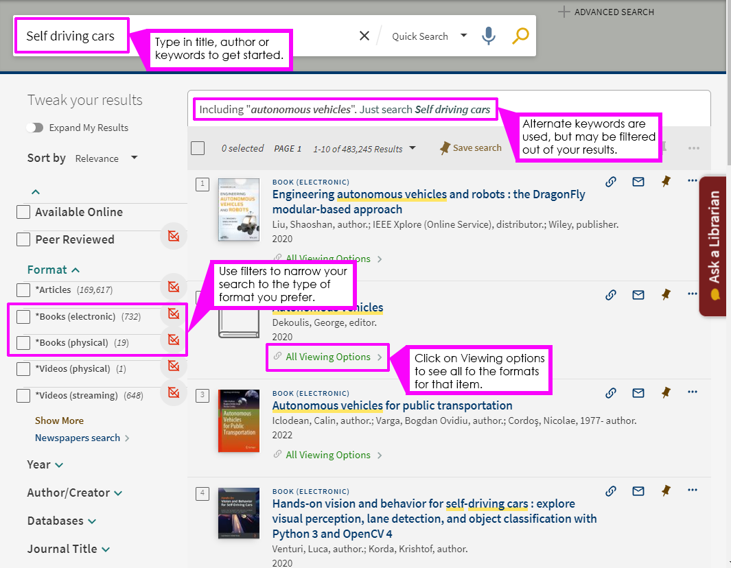 Screenshot of Catalog Search results including views of format filters, alternates search terms, and available views