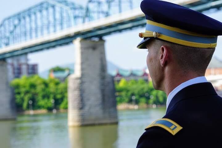 ROTC student looking near Market St. Bridge