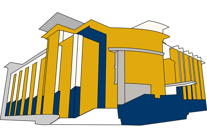 Illustration of the UTC Library building in blue and gold.