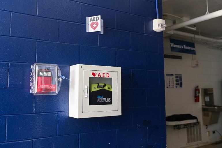 Image showing AED and Bleeding Kit inside Maclellan Gym.