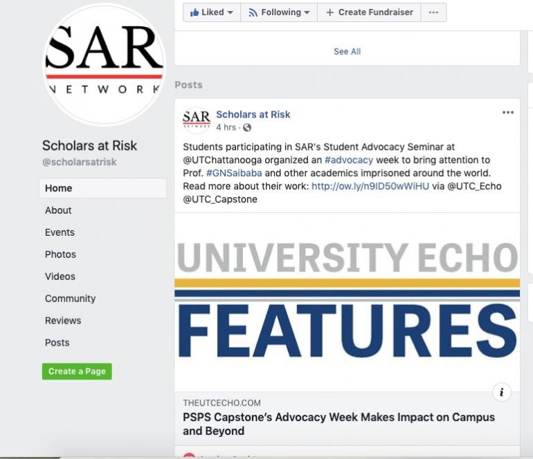 Scholars at Risk’s Facebook Page recognizes the work done by UTC students in PSPS 4000