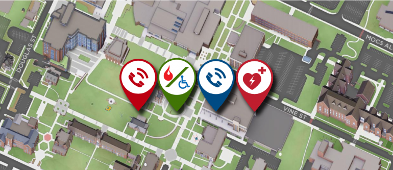 Graphic showing a preview of locations of safety resources on campus.