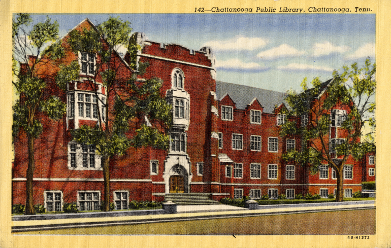 Circa 1940s postcard depicting the exterior of the Chattanooga Public Library, which also housed the University Library.  