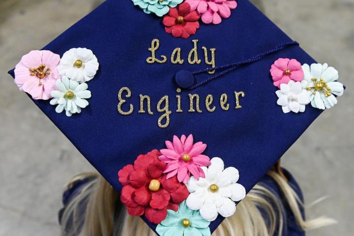 Decorated graduation mortarboard with "Lady Engineer"