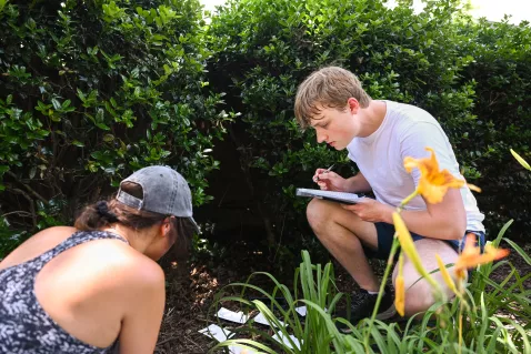 UTC Environmental Science students outside examining a garden